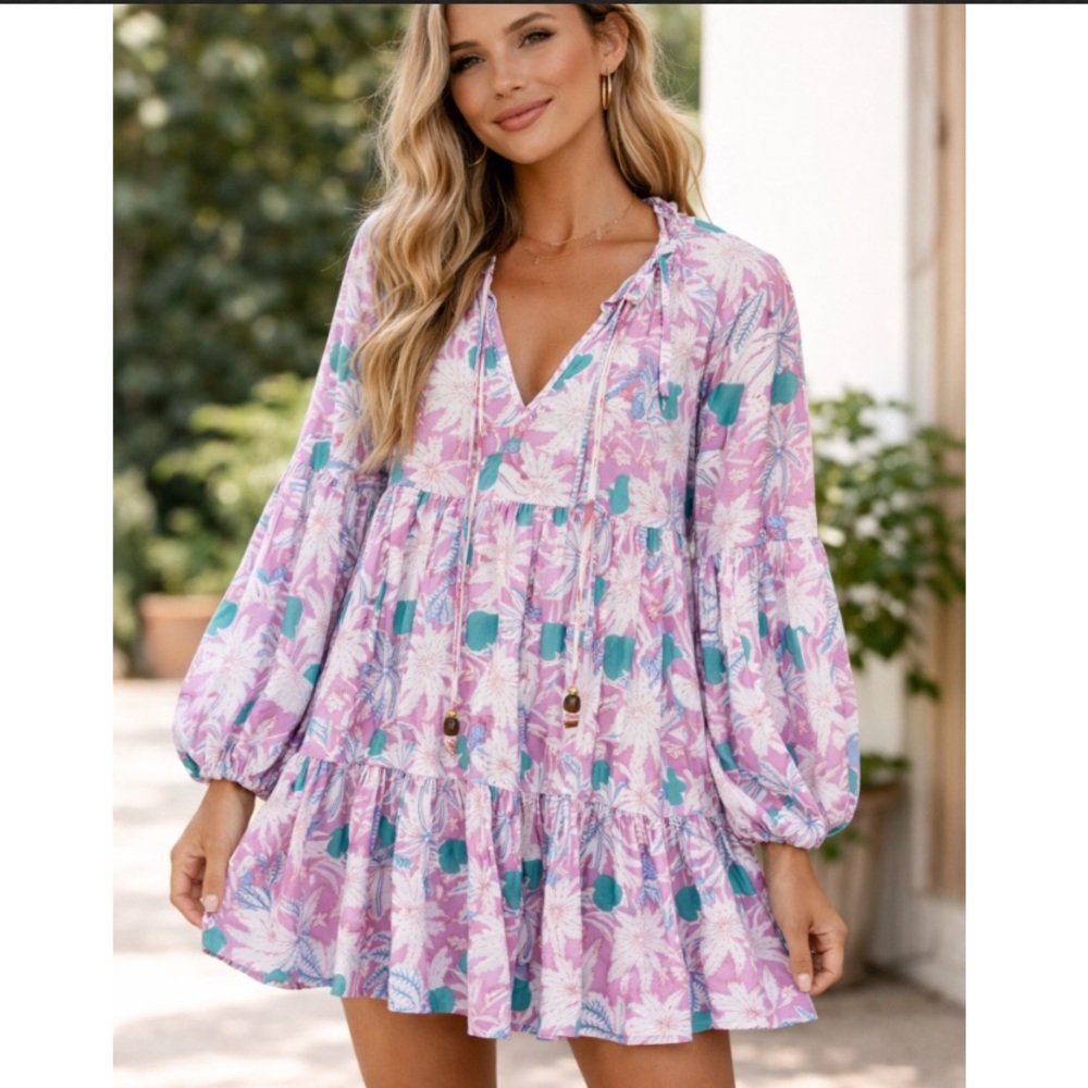 Oliphant Cotton Mini Dress Balloon Sleeve Tiered Small